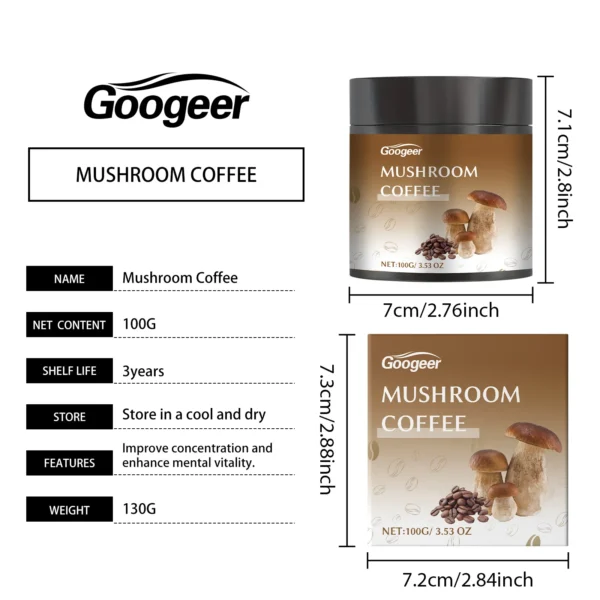 Googeer 100g Mushroom Coffee Mental Focus Immune Support Boost Memory Mellow Coffee Aroma Low Sugar Mushroom Coffee Drink - Image 6