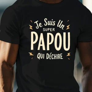 Men's "I Am a Great Papou" French Text Print Crew Neck T-Shirt - Lightweight Summer Casual Tee with Geometric Design