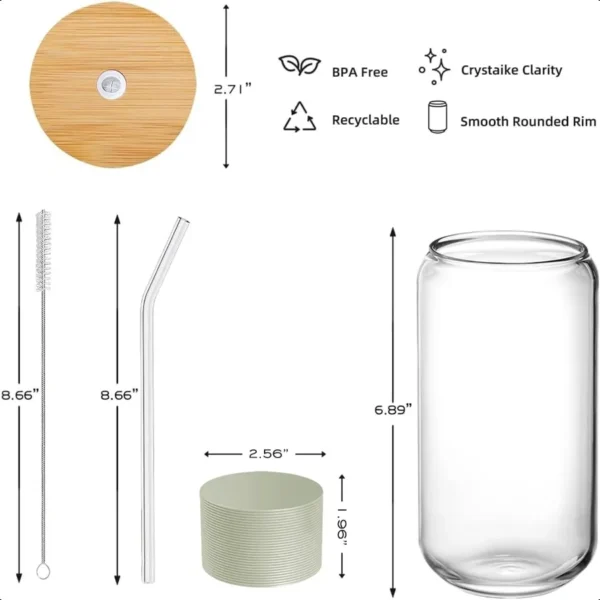 16oz Glass Bamboo Cup with Lid and Straw Set of 16oz Glass Coffee Cups Smoothie Beer Juice Matcha Aesthetic Glasses Includes 1 - Image 3