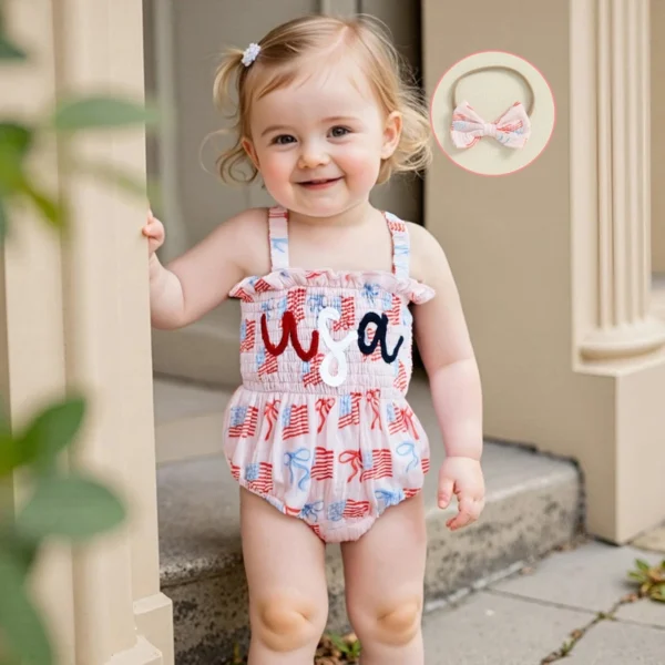 Infant Girls Independence Day Dress Sleeveless Ruffle Smocked Romper Matching Headband Set Baby Clothing for 4th of July - Image 3