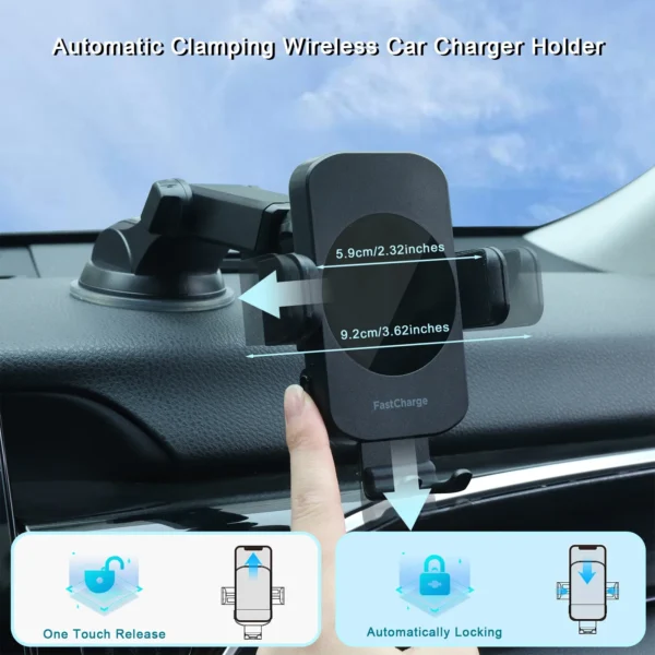 Wireless Car Charger, 15W Fast Charging Auto Clamping Car Charger, windshield, Dashboard, air Vent Phone Mount Phone Holder - Image 3