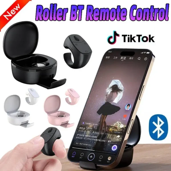 Fingertip Remote Control Bluetooth Scrolling Ring with Phone Stand Wireless Camera Shutter Selfie Button Digital Page Turner