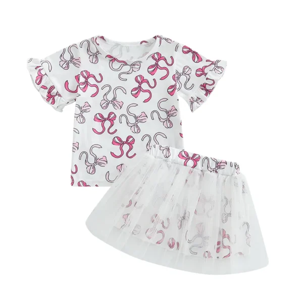 Infant Girls 2-Piece Summer Set with Short Sleeve Bow Print Top and Tulle Skirt - Adorable Baby Clothing for Warm Weather - Image 6
