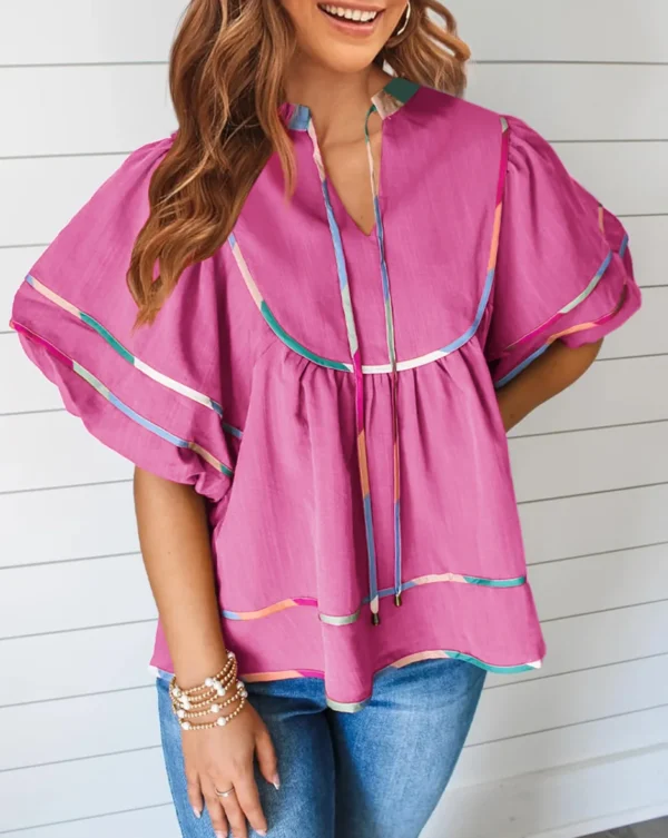 Women's Summer Cotton Babydoll Tops Lantern Short Sleeve Shirt Flowy Pleated Tie Neck Peplum Blouse Going Out Crop Tops - Image 18