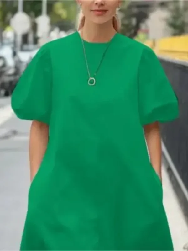 Women Summer Casual Dress 2025 New Trendy Round-neck Green Black Simple Short Sleeves A-line Mini Dresses for Woman - Image 5