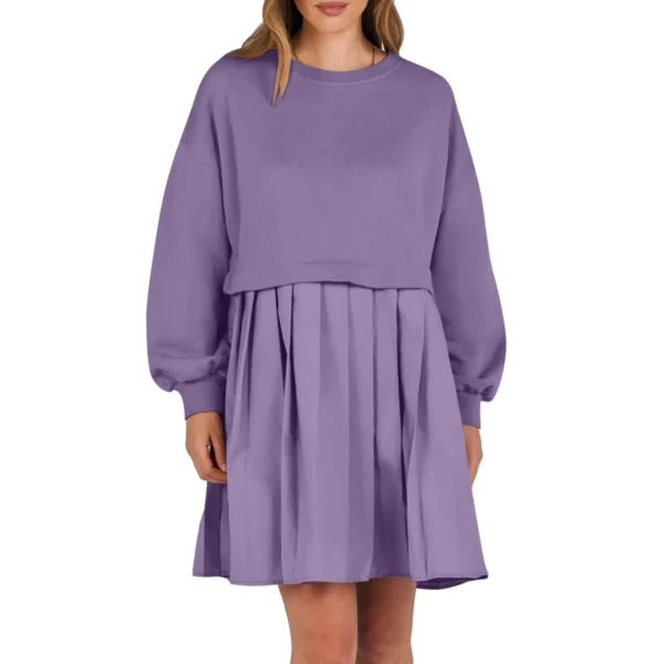 Women Sweatshirt Dress Long Sleeve Patchwork Crewneck Pullover Loose Fit Babydoll Tops Baggy Pleated Sweatshirts Mini Dresses - Image 4