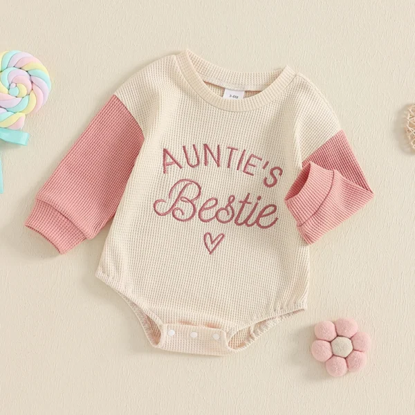 Newborn Baby Girl Clothes Long Sleeve Aunties Bestie Embroidery Romper Waffle Bodysuit Shirt Fall Outfits - Image 12