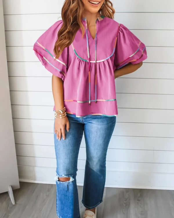 Women's Summer Cotton Babydoll Tops Lantern Short Sleeve Shirt Flowy Pleated Tie Neck Peplum Blouse Going Out Crop Tops - Image 20