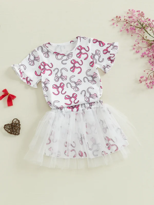 Infant Girls 2-Piece Summer Set with Short Sleeve Bow Print Top and Tulle Skirt - Adorable Baby Clothing for Warm Weather - Image 11
