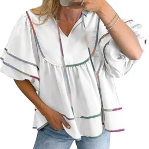Women's Summer Cotton Babydoll Tops Lantern Short Sleeve Shirt Flowy Pleated Tie Neck Peplum Blouse Going Out Crop Tops