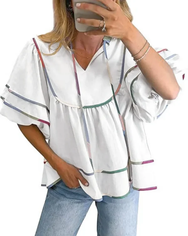 Women's Summer Cotton Babydoll Tops Lantern Short Sleeve Shirt Flowy Pleated Tie Neck Peplum Blouse Going Out Crop Tops