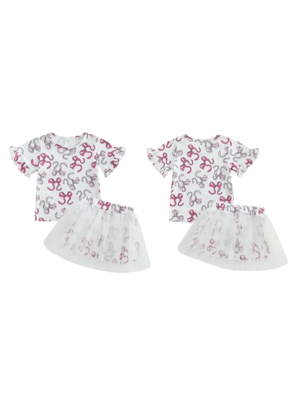 Infant Girls 2-Piece Summer Set with Short Sleeve Bow Print Top and Tulle Skirt - Adorable Baby Clothing for Warm Weather - Image 9