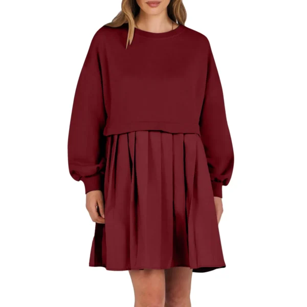 Women Sweatshirt Dress Long Sleeve Patchwork Crewneck Pullover Loose Fit Babydoll Tops Baggy Pleated Sweatshirts Mini Dresses - Image 3