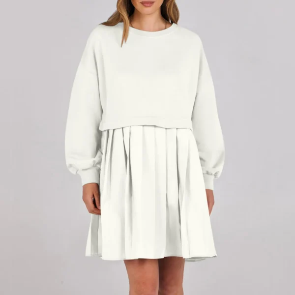 Women Sweatshirt Dress Long Sleeve Patchwork Crewneck Pullover Loose Fit Babydoll Tops Baggy Pleated Sweatshirts Mini Dresses - Image 16