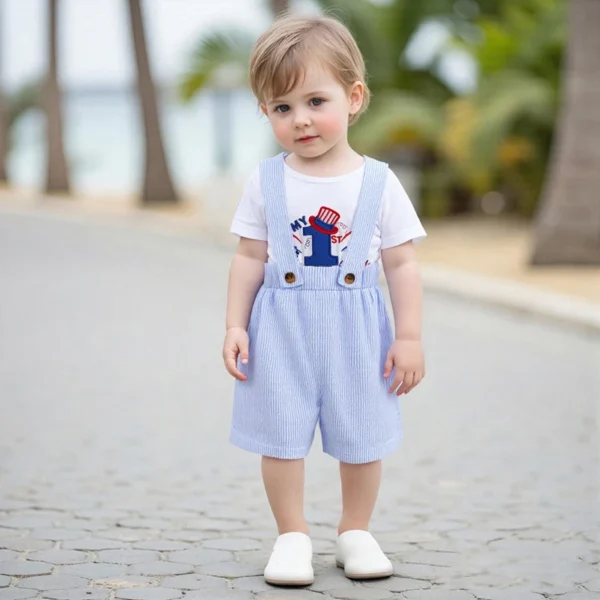 Infant Boys Independence Day Outfits Short Sleeve American Flag Romper Suspender Shorts Set Baby Clothing for 4th of July - Image 4