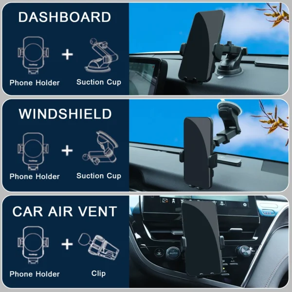Wireless Car Charger, 15W Fast Charging Auto Clamping Car Charger, windshield, Dashboard, air Vent Phone Mount Phone Holder - Image 4