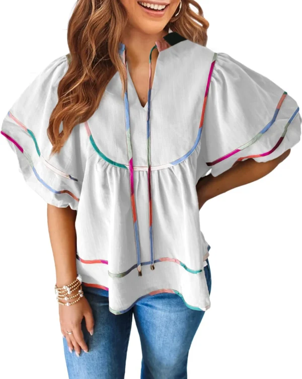 Women's Summer Cotton Babydoll Tops Lantern Short Sleeve Shirt Flowy Pleated Tie Neck Peplum Blouse Going Out Crop Tops - Image 2