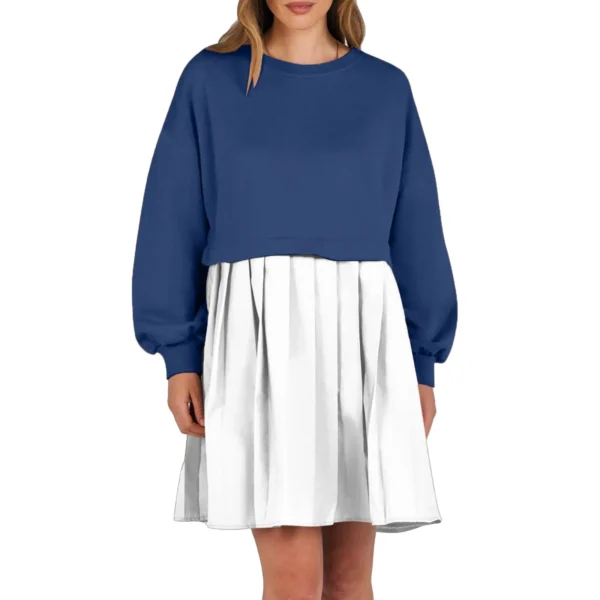 Women Sweatshirt Dress Long Sleeve Patchwork Crewneck Pullover Loose Fit Babydoll Tops Baggy Pleated Sweatshirts Mini Dresses - Image 5