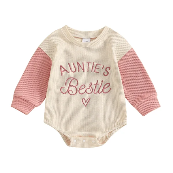 Newborn Baby Girl Clothes Long Sleeve Aunties Bestie Embroidery Romper Waffle Bodysuit Shirt Fall Outfits - Image 6