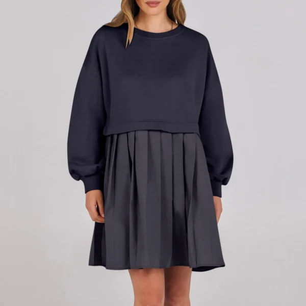 Women Sweatshirt Dress Long Sleeve Patchwork Crewneck Pullover Loose Fit Babydoll Tops Baggy Pleated Sweatshirts Mini Dresses - Image 11