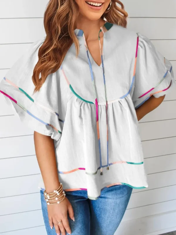 Women's Summer Cotton Babydoll Tops Lantern Short Sleeve Shirt Flowy Pleated Tie Neck Peplum Blouse Going Out Crop Tops - Image 10