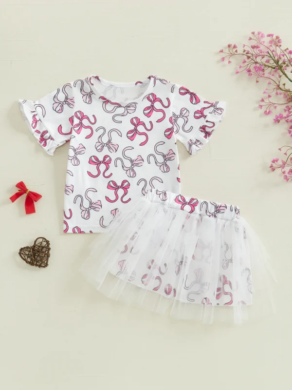 Infant Girls 2-Piece Summer Set with Short Sleeve Bow Print Top and Tulle Skirt - Adorable Baby Clothing for Warm Weather - Image 10