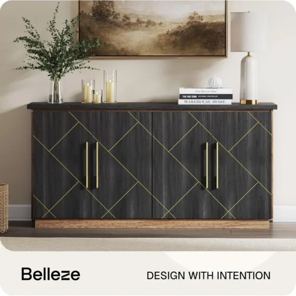 65 Inch Buffet Sideboard Cabinet with Elegant Gold Trim, Modern Storage Console Table with Decorative Doors for Dining Room, Ki - Image 3