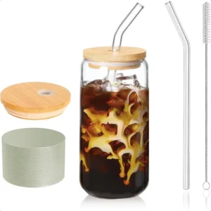 16oz Glass Bamboo Cup with Lid and Straw Set of 16oz Glass Coffee Cups Smoothie Beer Juice Matcha Aesthetic Glasses Includes 1