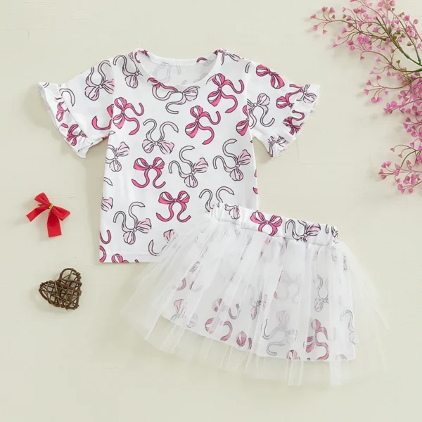Infant Girls 2-Piece Summer Set with Short Sleeve Bow Print Top and Tulle Skirt - Adorable Baby Clothing for Warm Weather - Image 3
