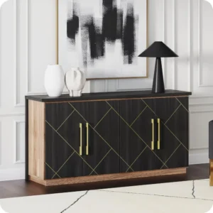 65 Inch Buffet Sideboard Cabinet with Elegant Gold Trim, Modern Storage Console Table with Decorative Doors for Dining Room, Ki