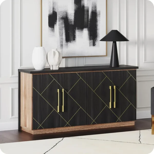 65 Inch Buffet Sideboard Cabinet with Elegant Gold Trim, Modern Storage Console Table with Decorative Doors for Dining Room, Ki