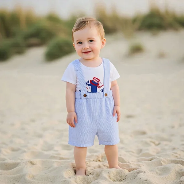 Infant Boys Independence Day Outfits Short Sleeve American Flag Romper Suspender Shorts Set Baby Clothing for 4th of July - Image 3