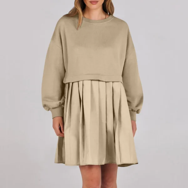 Women Sweatshirt Dress Long Sleeve Patchwork Crewneck Pullover Loose Fit Babydoll Tops Baggy Pleated Sweatshirts Mini Dresses - Image 10