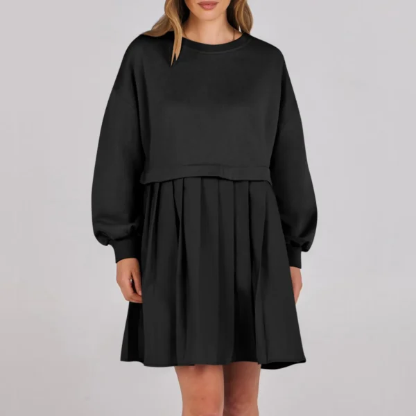 Women Sweatshirt Dress Long Sleeve Patchwork Crewneck Pullover Loose Fit Babydoll Tops Baggy Pleated Sweatshirts Mini Dresses - Image 9