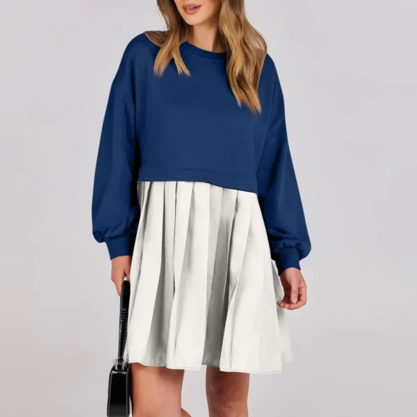 Women Sweatshirt Dress Long Sleeve Patchwork Crewneck Pullover Loose Fit Babydoll Tops Baggy Pleated Sweatshirts Mini Dresses - Image 15