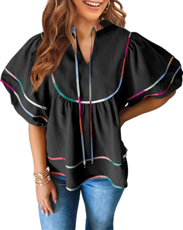 Women's Summer Cotton Babydoll Tops Lantern Short Sleeve Shirt Flowy Pleated Tie Neck Peplum Blouse Going Out Crop Tops - Image 11