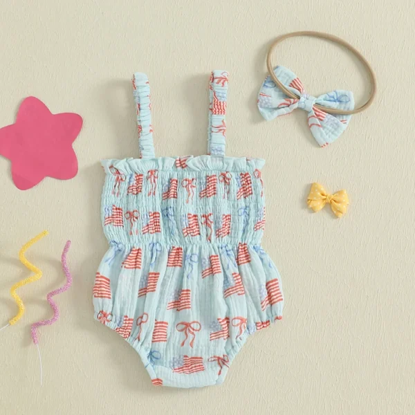 Infant Girls Independence Day Dress Sleeveless Ruffle Smocked Romper Matching Headband Set Baby Clothing for 4th of July - Image 9