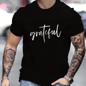Grateful Letter Print Men's Short Sleeve Crew Neck T-Shirts, Comfy Breathable Casual Slightly Stretch Casual Tops
