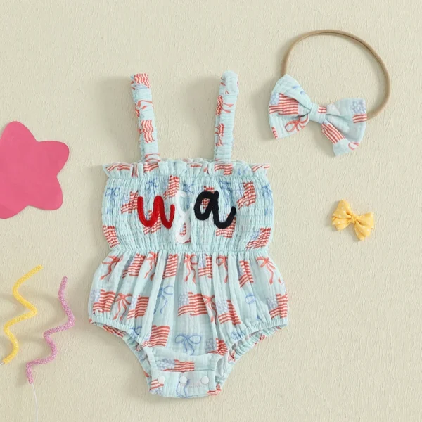 Infant Girls Independence Day Dress Sleeveless Ruffle Smocked Romper Matching Headband Set Baby Clothing for 4th of July - Image 6