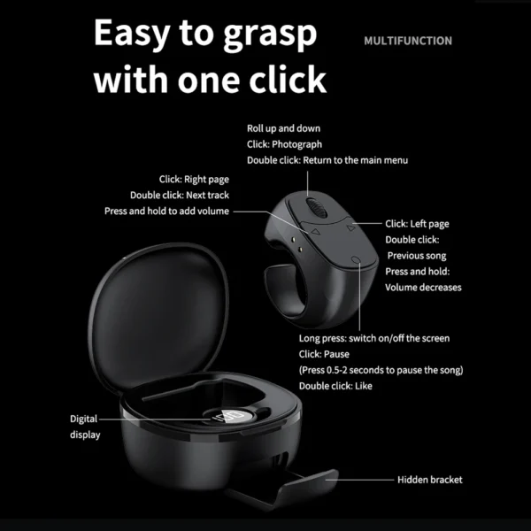 Scrolling Ring Remote Control Bluetooth Fingertip Selfie Camera Shutter Button Digital Wireless Page Turner with Phone Stand - Image 5
