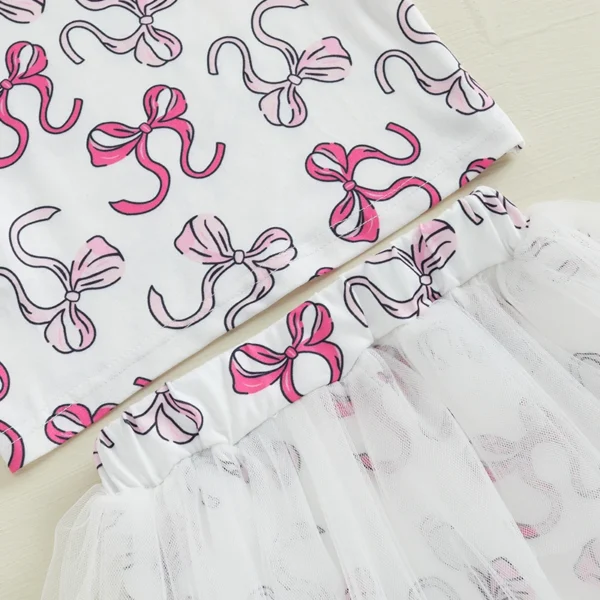 Infant Girls 2-Piece Summer Set with Short Sleeve Bow Print Top and Tulle Skirt - Adorable Baby Clothing for Warm Weather - Image 4