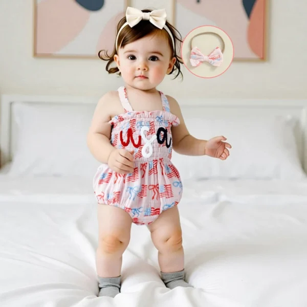 Infant Girls Independence Day Dress Sleeveless Ruffle Smocked Romper Matching Headband Set Baby Clothing for 4th of July - Image 4