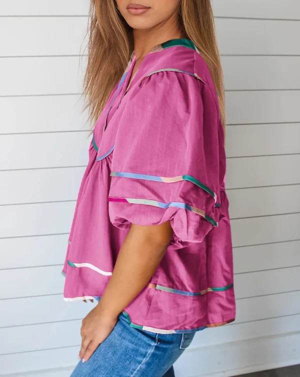 Women's Summer Cotton Babydoll Tops Lantern Short Sleeve Shirt Flowy Pleated Tie Neck Peplum Blouse Going Out Crop Tops - Image 19