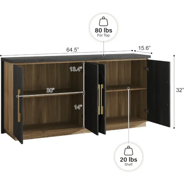 65 Inch Buffet Sideboard Cabinet with Elegant Gold Trim, Modern Storage Console Table with Decorative Doors for Dining Room, Ki - Image 2