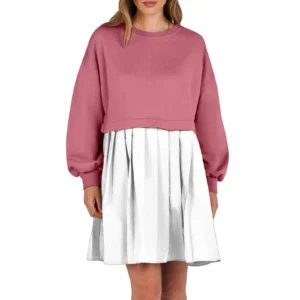 Women Sweatshirt Dress Long Sleeve Patchwork Crewneck Pullover Loose Fit Babydoll Tops Baggy Pleated Sweatshirts Mini Dresses