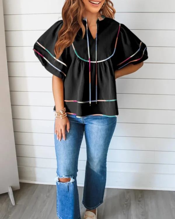 Women's Summer Cotton Babydoll Tops Lantern Short Sleeve Shirt Flowy Pleated Tie Neck Peplum Blouse Going Out Crop Tops - Image 14