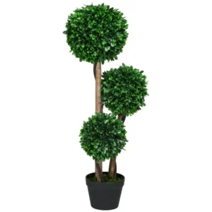 HOMCOM 3ft 35.5 Artificial 3 Ball Boxwood Topiary Tree with Pot Indoor Outdoor Fake Plant for Home Office Living Room Dr