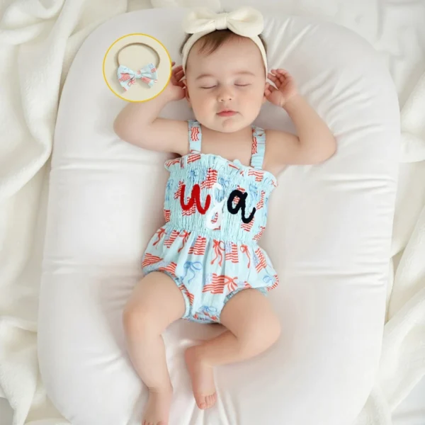 Infant Girls Independence Day Dress Sleeveless Ruffle Smocked Romper Matching Headband Set Baby Clothing for 4th of July - Image 10