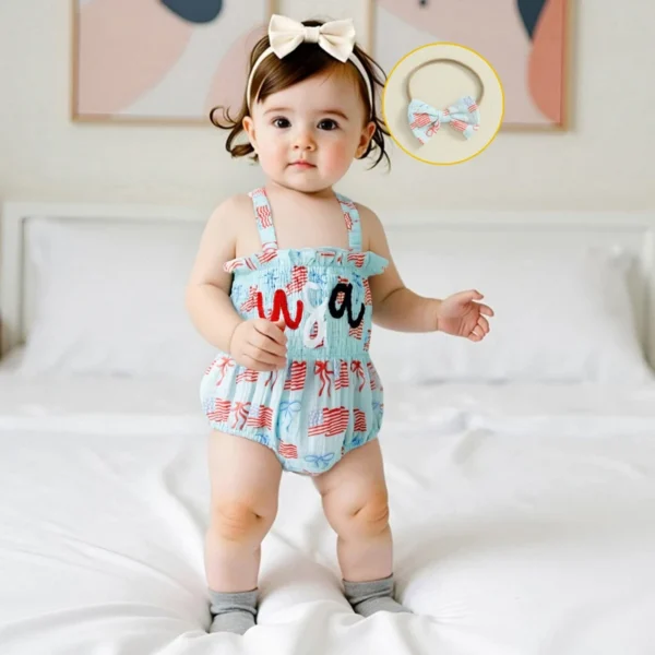 Infant Girls Independence Day Dress Sleeveless Ruffle Smocked Romper Matching Headband Set Baby Clothing for 4th of July - Image 11