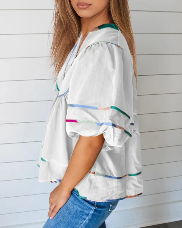 Women's Summer Cotton Babydoll Tops Lantern Short Sleeve Shirt Flowy Pleated Tie Neck Peplum Blouse Going Out Crop Tops - Image 3